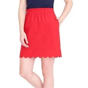 J. Crew scalloped hem skirt solid red elastic wait pull on cotton linen size 0
